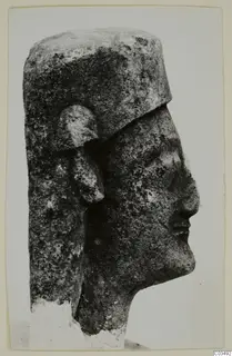 Limestone sculpture head in profile, facing right, with a flat cap-like top and a projecting ear, broken at the neck