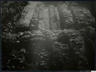 Excavated stone walls and foundations at Soli, Cholades temples, seen from above in a field photograph