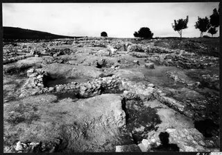 Excavated stone wall foundations at the Cholades temples A-B at Soli, with trees and a hill behind