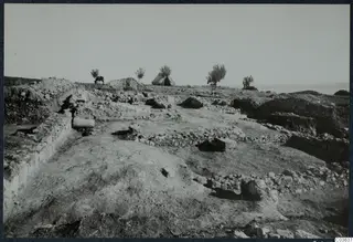Excavated stone walls at Temple C, Cholades, with a tent, trees and an animal on the rise behind