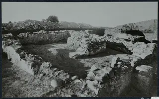 Excavated stone walls of the Cholades temples A-B at Soli, with a tree on the hill behind