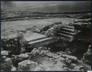 Excavated stone staircase and walls at Soli, with a field beyond