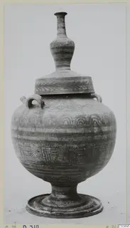 Lidded pedestal vessel with two loop handles and painted bands and patterns