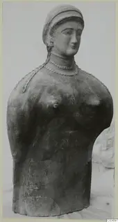 Bust of a woman with a cylindrical headdress and beaded necklace, from Vouni
