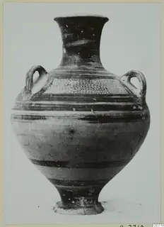 Levanto-Helladic ware bowl-jar from Enkomi with two handles, painted bands and stippled decoration on the shoulder