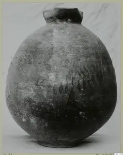 Round jug with a wide flared neck and a painted pattern of leaves, stems and hatched panels on its body