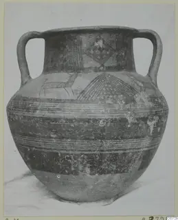Two-handled painted jar with horizontal bands, a striding animal and hatched motifs