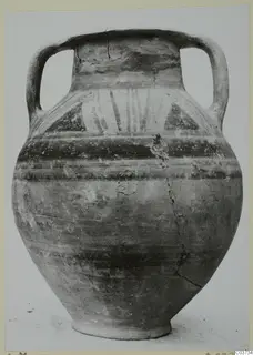 Two-handled painted pottery vessel, Bichrome IV amphora-crater, with dark horizontal bands and vertical stripes on the shoulder