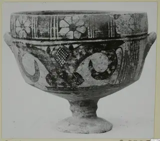 Painted pottery pedestal bowl with side handles, Bichrome IV type, decorated with flowers, scrolls and checkered panels