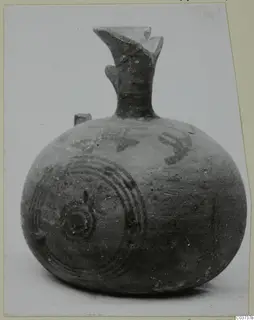 Black-on-Red pottery vessel with a tall neck and concentric circle and curved painted motifs on the body