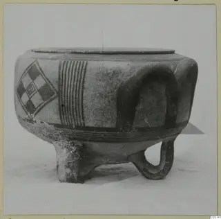 White Painted III-1 pottery vessel with loop handles and painted checkerboard and stripe patterns