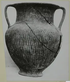 Two-handled Black Slip ware jar with closely spaced vertical grooves on its body