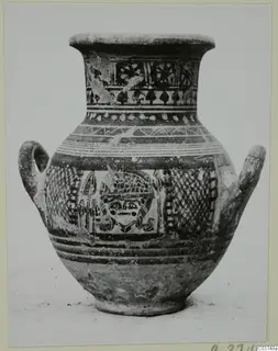 Painted pottery vessel with two handles, decorated with horizontal bands and a central panel with a stylised figure
