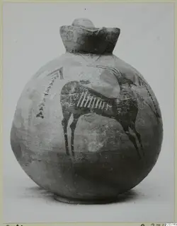 Round painted jug with a hatched animal with long curved horns and chevron bands across its body