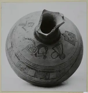 White Painted III-1 pottery vessel with a broken neck, decorated with painted bands and geometric motifs