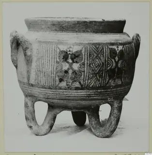 Painted pottery vessel standing on three looped feet, with two side handles and bands of hatched and motif decoration