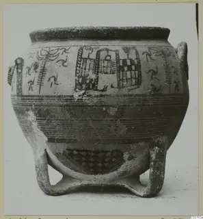 Painted pottery vessel on legs with horizontal bands and checkered panels, Pottery Bichrome III