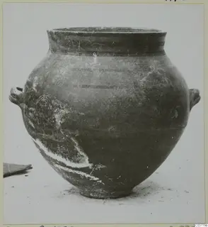 Round-bodied pottery jar with a wide neck and two handles, shown from the side on a plain surface