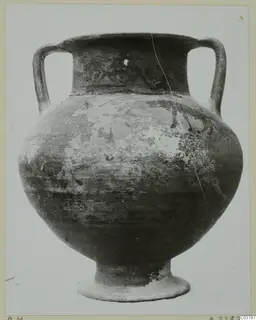 Two-handled painted amphora-crater with a rounded body and a ring foot, photographed against a plain background