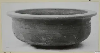 Wide, shallow pottery bowl with a thick outturned rim and plain body, photographed on a pale surface.