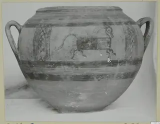 Painted pottery vessel with two handles, horizontal bands of ornament and an animal figure on the body