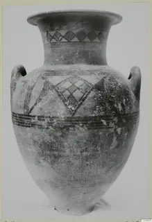 Two-handled painted pottery vessel with bands and diamond patterns, shown alone against a plain grey backdrop.