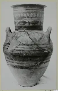 Two-handled painted jar with a band of fish and a row of triangles on the neck, Bichrome pottery