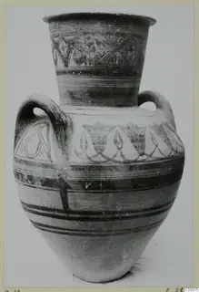 Painted Pottery Bichrome IV amphora-crater with two handles, banded body and leaf-like motifs on the shoulder