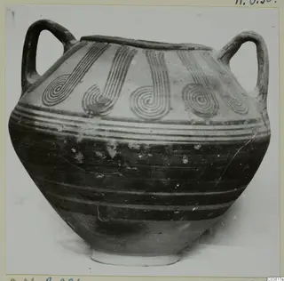 Two-handled painted jar with spiral and banded decoration, Bichrome V pottery