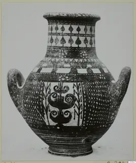 Bichrome V two-handled jar with spiral and leaf-motif painted decoration