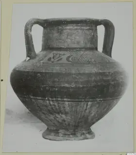 Painted two-handled vessel, Pottery Bichrome IV, amphora-crater, with bands and motifs on the shoulder