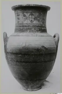 Large two-handled painted pottery jar with diamond and lozenge patterns on the neck and shoulder.
