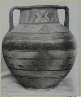 Two-handled painted pottery jar with horizontal bands and hatched motifs on its shoulder and neck