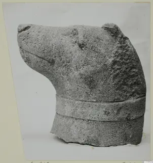 Limestone sculpture of a dog's head and neck, shown in profile against a plain background.