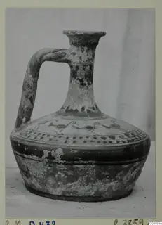 Jug with a single handle, flaring rim and painted bands of birds and dots on the shoulder
