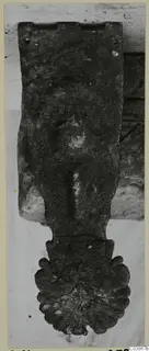 Bronze horse-trapping, a flat elongated plate with a lobed, scalloped lower end, corroded surface