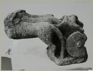 Limestone sculpture fragment from Mersinaki with a long curved body and a rounded head with a projecting nose.