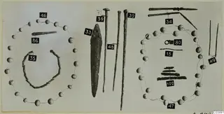 Bronze tools, pins and bead outlines from Lapithos Tomb 322 E, laid out with black number labels
