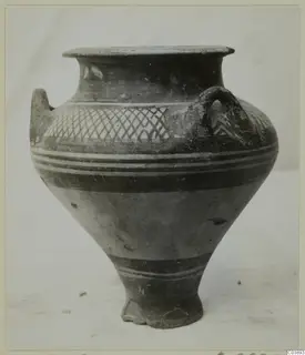 Pottery bowl-jar from Enkomi with two handles, cross-hatching on the shoulder and horizontal bands on the body