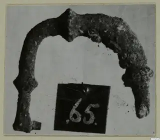 Corroded bronze arched object with knobbed ends, from Amathus, photographed with a number label