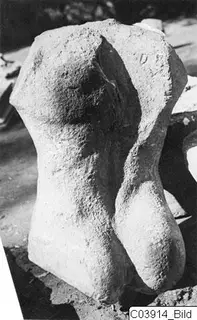 Limestone statue torso from Vouni, headless and armless, photographed outdoors
