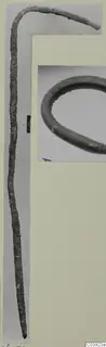 Corroded metal rod with a hooked end, with a smaller inset view of a looped metal piece, Vouni bronze utensils