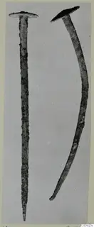 Two corroded metal objects with flat disc heads, one straight and one bent, against a pale grey background