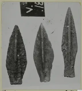 Three corroded metal weapon blades with central ridges, leaf-shaped, photographed side by side from Vouni