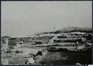 Excavated stone wall foundations at Vouni, with wooden stakes along the ridge and the sea beyond