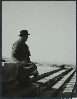 Gjerstad seated on the grand staircase at the palace at Vouni, looking out over the landscape