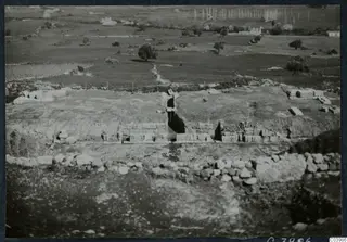 Excavated ruins of the theatre at Soli, with rows of cut stone blocks, a narrow cut in the middle and trees beyond.