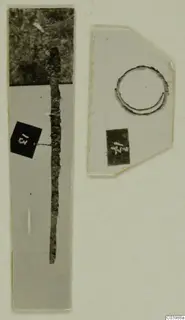 Two small prints on a card: a long, corroded metal blade on the left and a ring-shaped outline on the right.