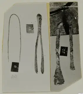 Photo mount of corroded metal objects from Lapithos Tomb 322B: a bent rod, a pair of joined prongs and two flat-ended tools.