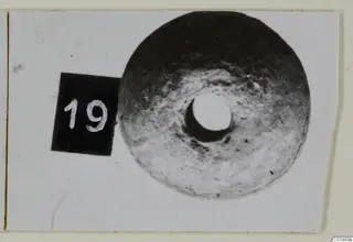 Flat round object with a large central hole, photographed face-on on a card mount beside a number label